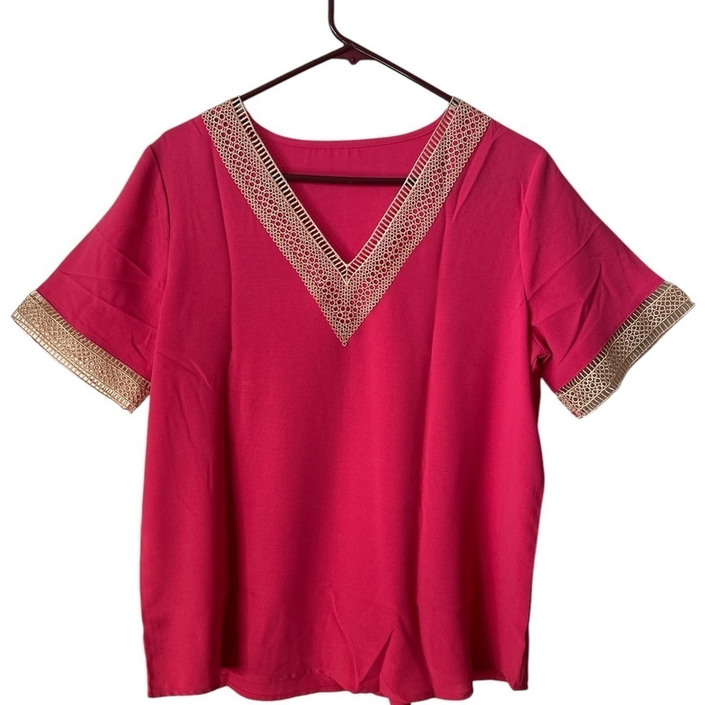 Hot Pink V Neckline Short Sleeves Medium Casual Summer Top Brand New